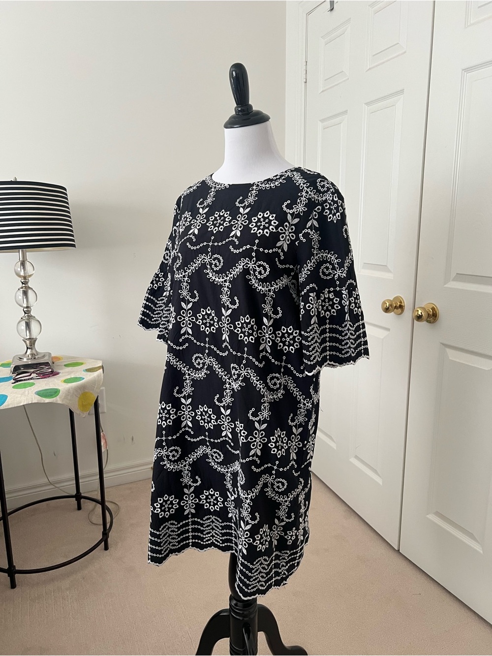 Mango Black Eyelet Dress with White Floral Embroidery
